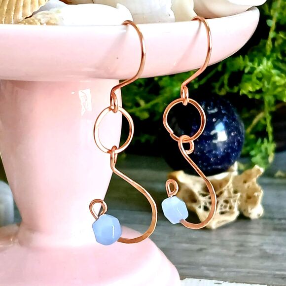 Cats Eye Beaded Dangle Earrings, Hammered Copper Jewelry 2" - Picture 4 of 5